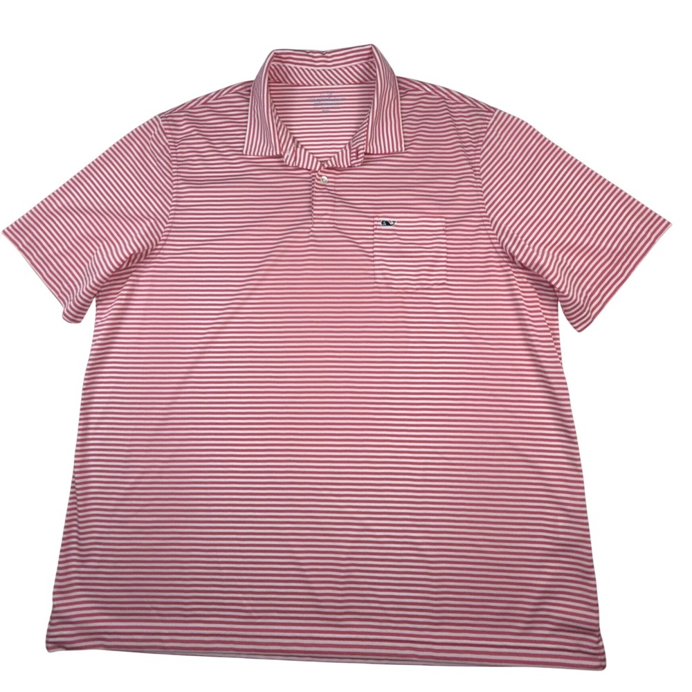 Vineyard Vines Performance Polo Shirt Mens XXL Pink White Striped Pocket Whale